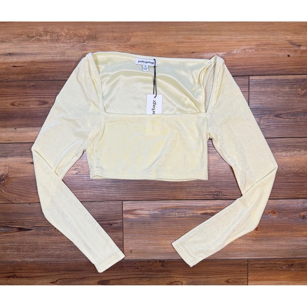 Pretty Garbage Women Yellow Shimmer Square Neck Long Sleeve Crop Top PST445 S